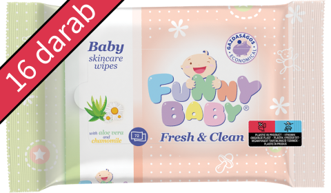 16 DB Funny baby Fresh&Clean 72 lapos baba törlőkendő aloe vera és kamilla kivonattal